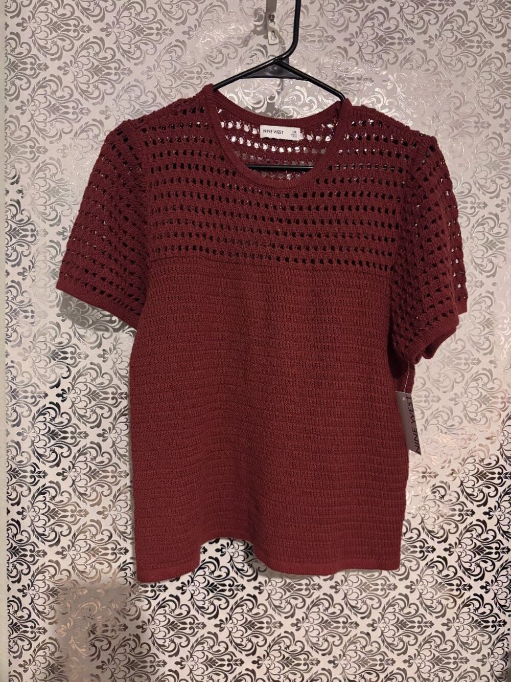 NWT Nine West Burgundy Crochet Knit Short Sleeve Top Sweater - Size XXL / 2X